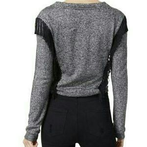 NWT Cozy Fringe Crop Sweater Grey Black Size L